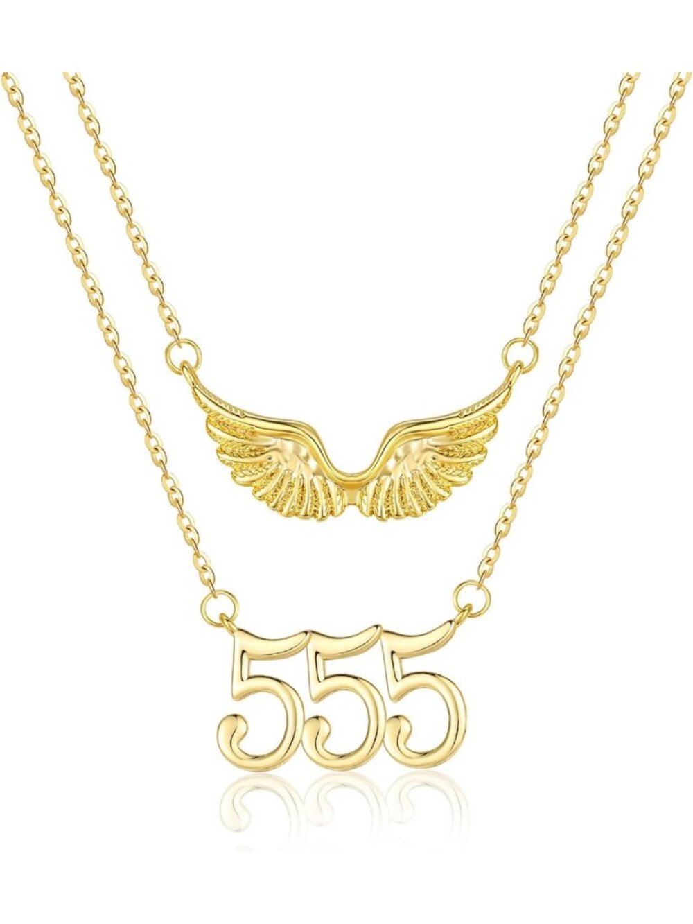 14K Gold Layered Angel Number Necklace with Wings - Double Chain Jewelry for